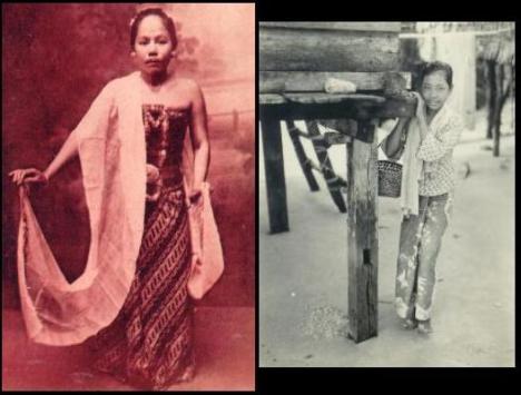 Old portraits of ladies using batik sarong, Malay Archipelago